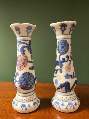 Vtg Chinoiserie pair‎ of ceramic candlestick holders floral mid-century